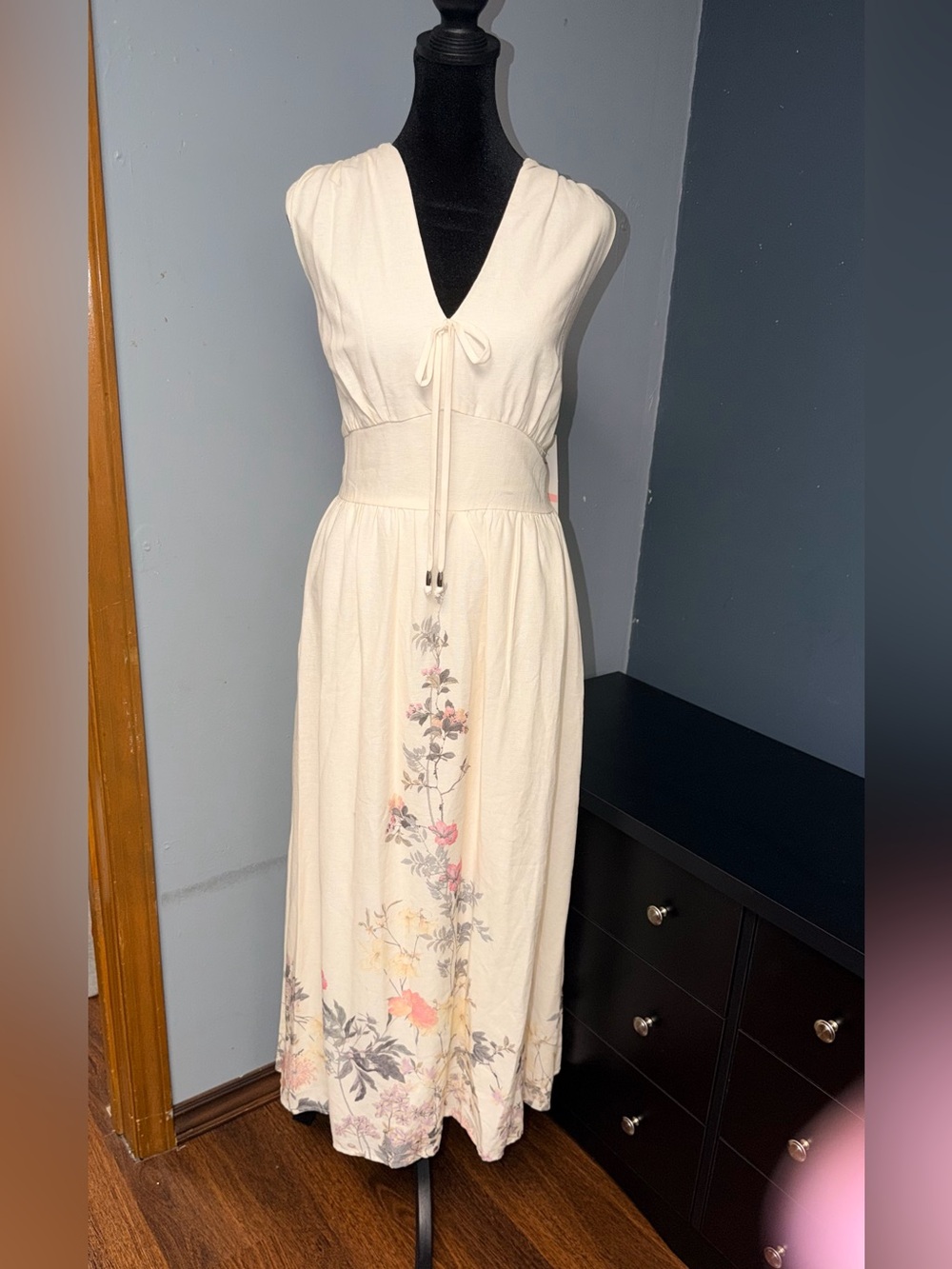 Taylor Cream Maxi Dress with Pink and Gray Floral Print